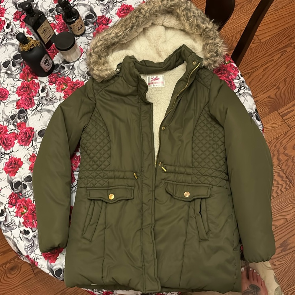 JUSTICE Army green, fur hood, Sherpa lining girls winter coat - size 16/18